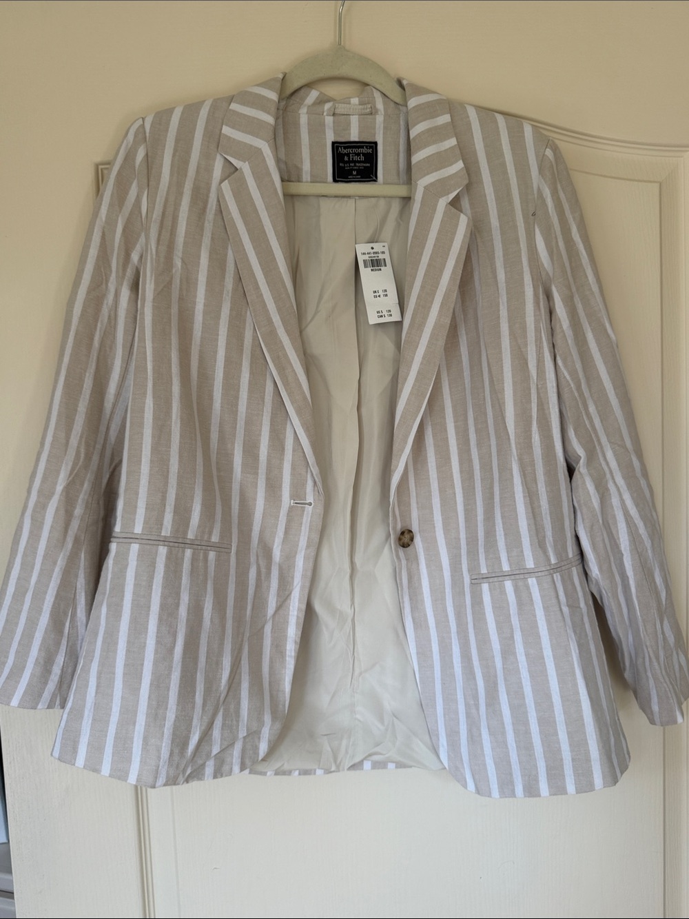 Abercrombie & Fitch Beige and White Striped Linen-Blend Blazer
